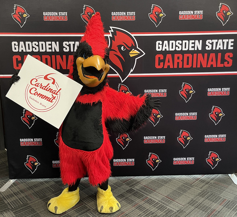 Swoop mascot holding a sign that says Cardinal Commit