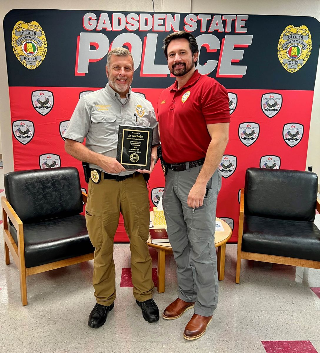 Sgt. David Bankston with Gadsden State Police Chief Jay Freeman after receiving Police Officer of the Year by the Alabama Law Enforcement Appreciation Foundation