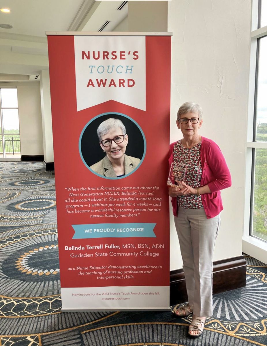 Belinda Terrell Fuller, nursing instructor at Gadsden State Community College, is pictured with the Nurse’s Touch Award. She received the honor at the National Nurse Educators Summit held in April in San Antonio.