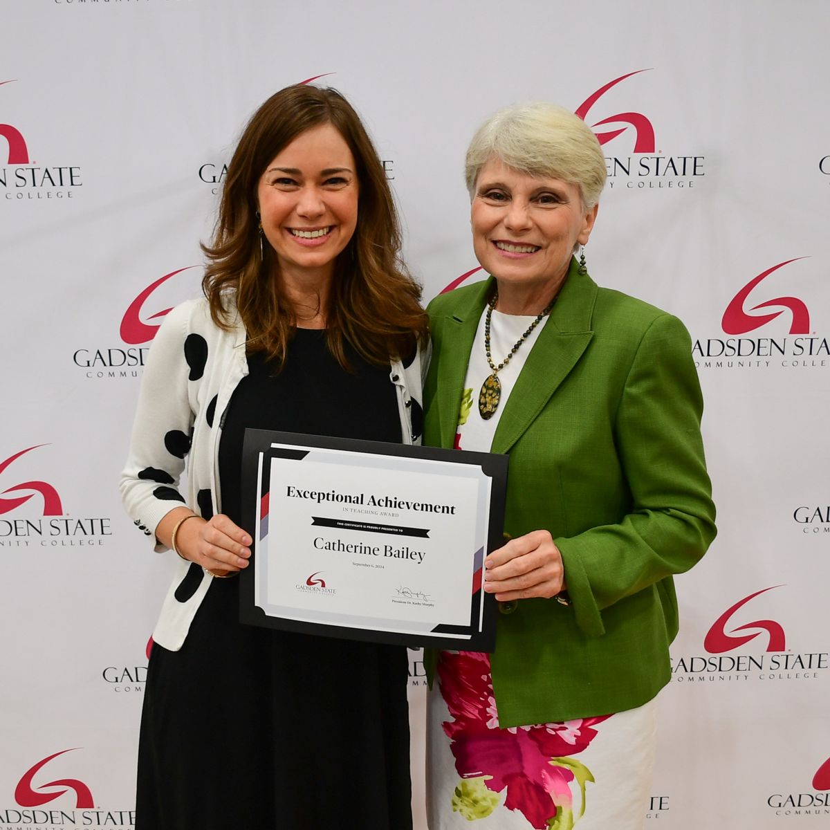 Gadsden State president Dr. Kathy Murphy with 2024 Exceptional Achievement in Teaching award winner Catherine Bailey