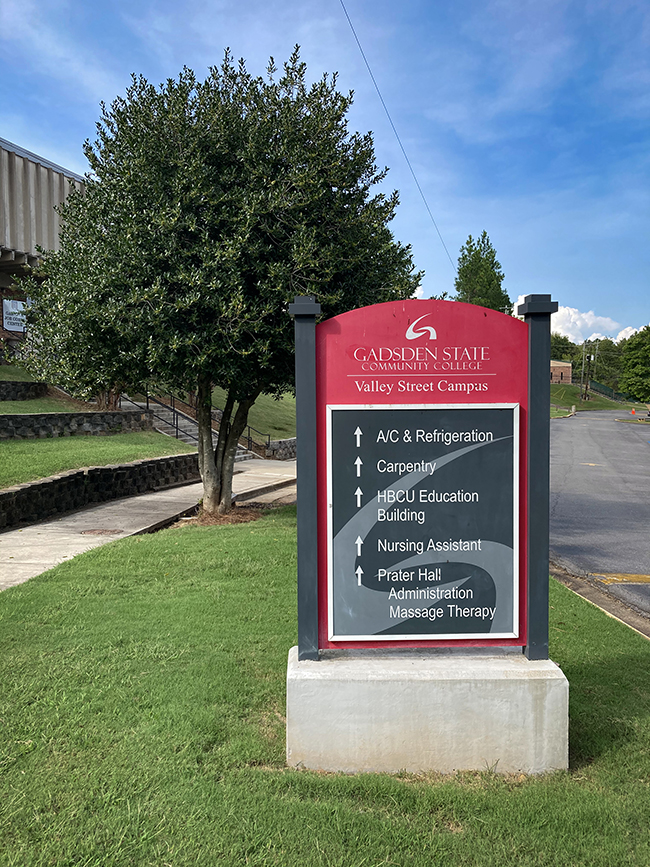 A directional sign on the Valley Street Campus