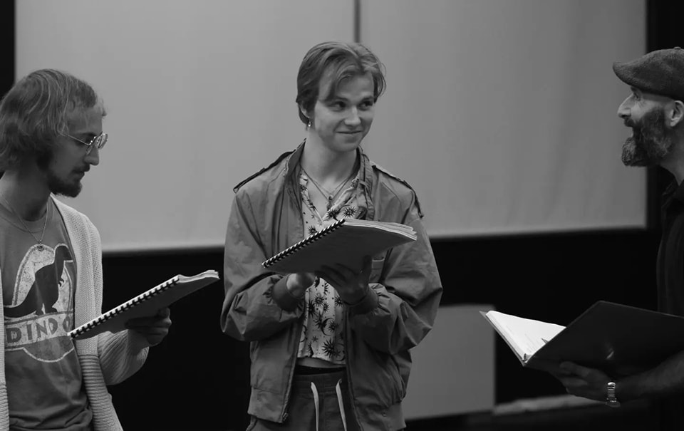 Students Lucas Gamblin (left) and Trevor Wheat (middle) rehearse with Joe Fuselli, instructor (right)