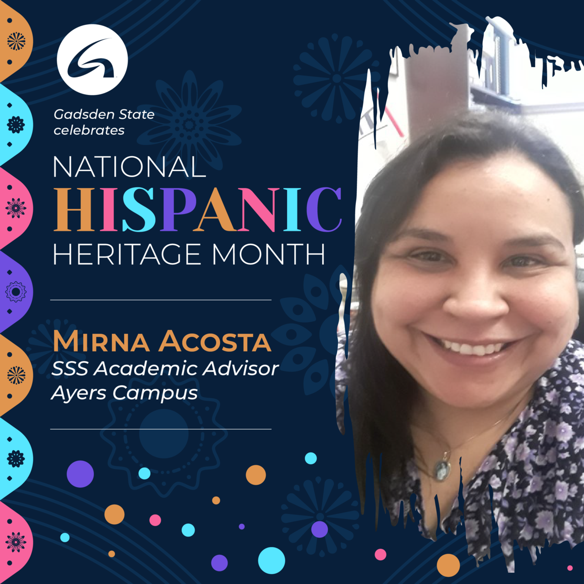 Graphic with Hispanic Heritage Month logo and photo of Mirna Acosta