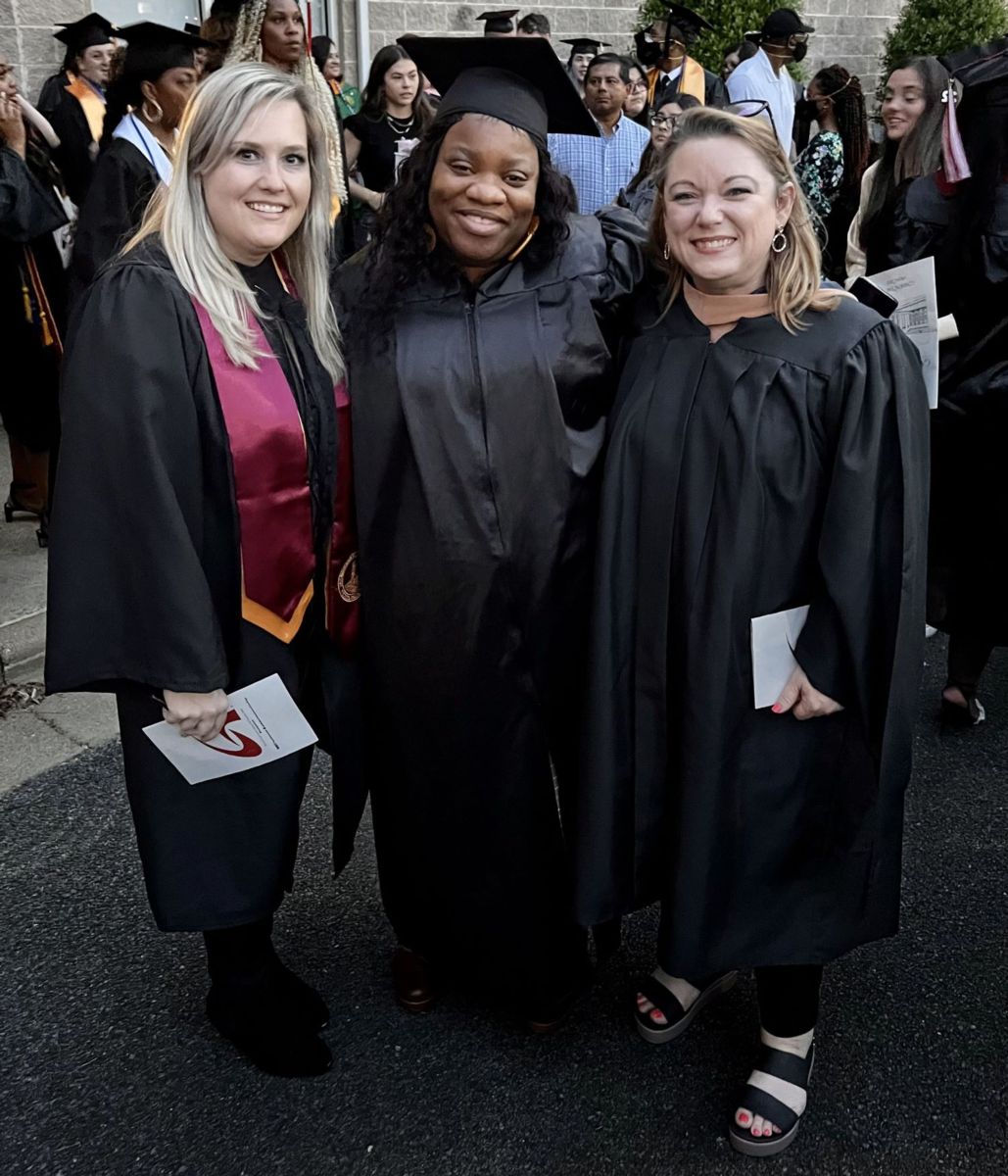 Shirley Gray, middle, is pictured at the 2022 Commencement Exercises after receiving her certification in echocardiography. She is pictured with Rebecca Southern, right, director of the Diagnostic Medical Sonography Program, and Amber Sneed, the former instructor of echocardiography.